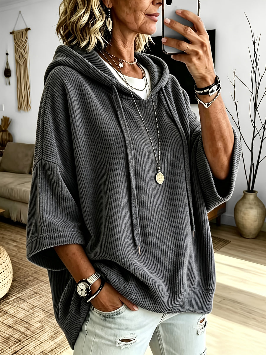 Plus Size - Women'S Casual Corduroy Drawstring Hooded Sweatshirt, Classic Versatile Hooded Top Elegant Women'S Top, Loose Fit Comfortable Sweatshirt Suitable for Commute And Casual Wear Spring/Autumn Clothing - Graphite Color