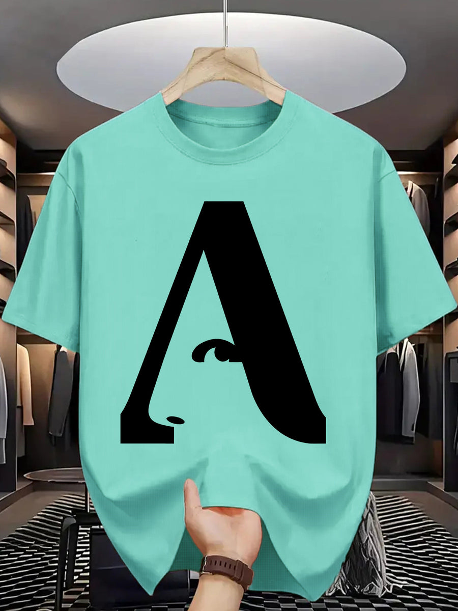 Men's T-Shirt with Letter A Print - Casual Wear - Lake Blue