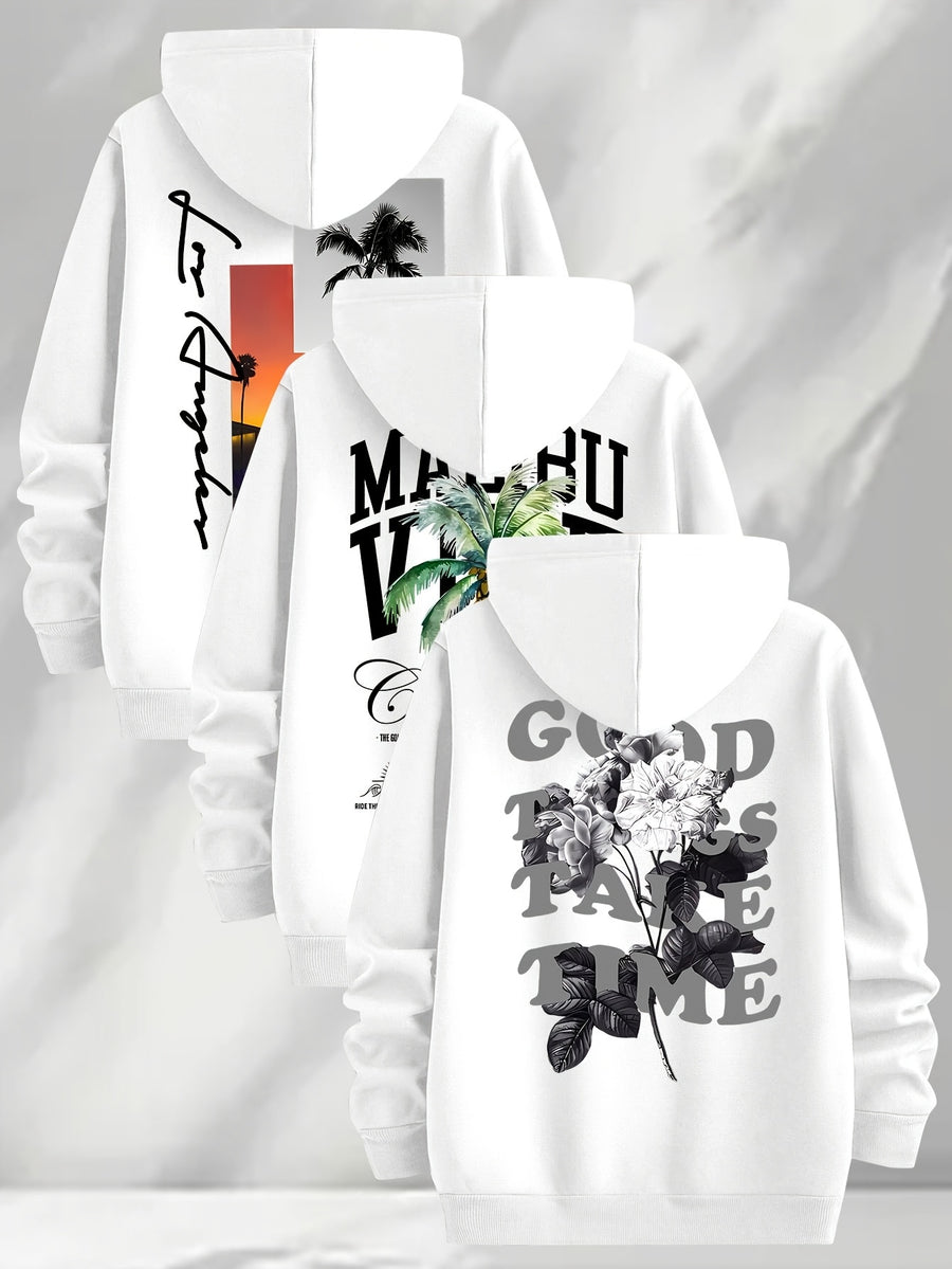 3pcs Trendy Print Sweatshirt, Men's Casual Hooded Sweatshirt, Long-sleeve Pullover, Slightly Stretchy, Knitted Polyester Fabric, Regular Fit Men's Hoodie - White