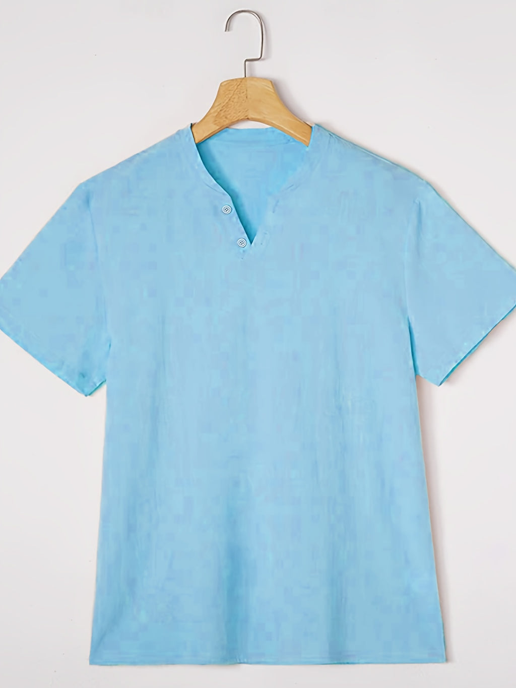 Men's Summer Linen T-Shirts 2pcs, Breathable Soft V-Neck Henley Short Sleeve Shirts, Loose Casual Beach Yoga Tops, Trendy Mens Casual Wear - White+Sky Blue