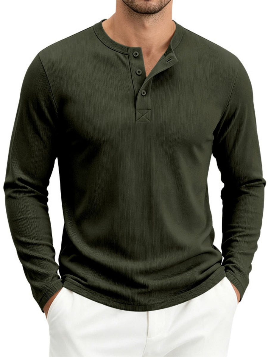 Men's Spring Fall Heavyweight Ribbed Henley Shirt, American Retro Casual Long Sleeve Top, Breathable Loose Commute Henley Neck Tee - fern green