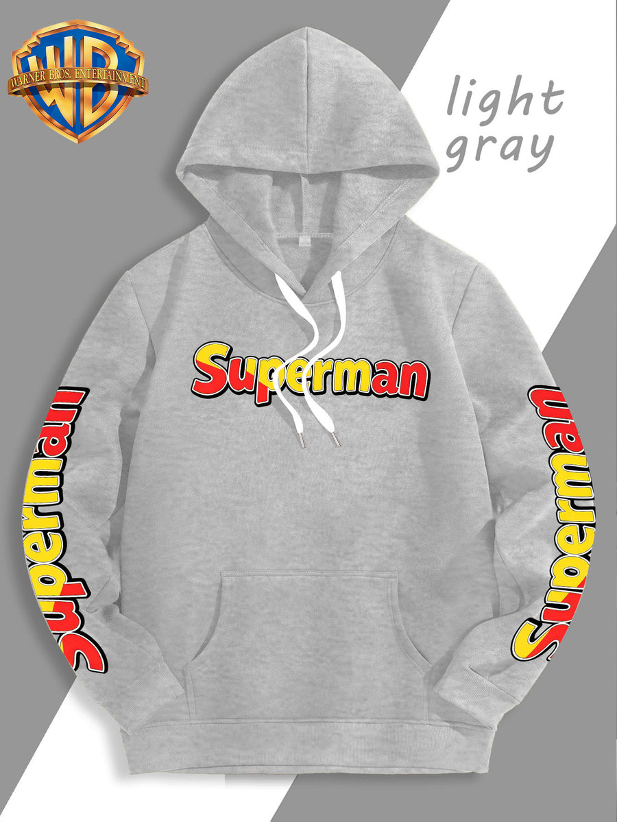 DC Superman Classic S Logo Print Hoodie American Casual Fall Winter Sweatshirt - Men'S Versatile Pullover, Cozy And Warm Fleece-Lined Top for Sports, Outdoor, Travel, Daily Wear, Commute, Home, Perfect Gift for Lovers And Friends - Unisex - Light Grey