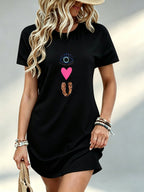 Printed Design - Not Textured, Casual Ladies Dress, Eye Heart Leopard Print Graphic, Daily Wear, Gift for Her, 100% - Black