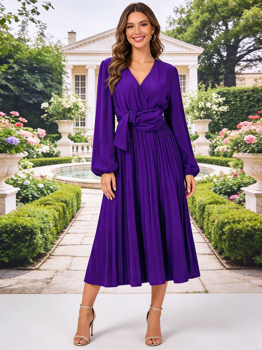 Womens Casual Midi Dress V Neck Long Sleeve Pleated High Waist Wedding Guest Dresses for Women - Violet Blue