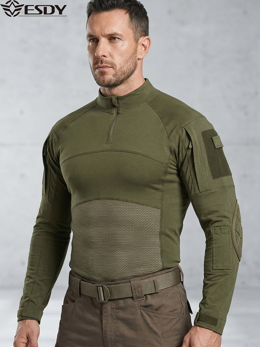 ESDY 1-Piece Men's Stand Collar Tactical BDU Sweatshirt, Large Mesh Breathable Half-Zip Outdoor Combat Top, Chest and Back Mesh Breathable Training Wear - Military Green