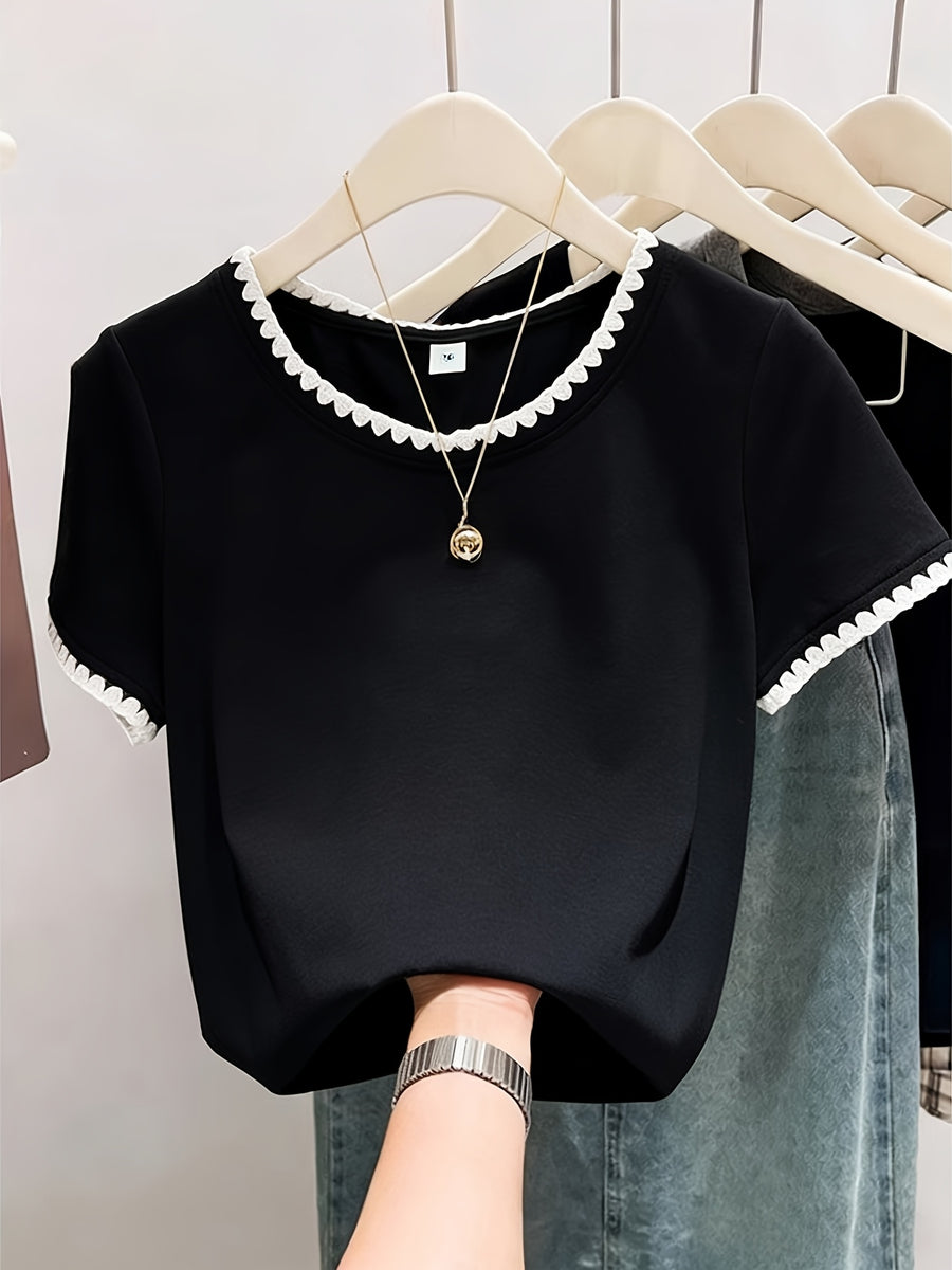 Women'S Summer Clothing New Unique Exquisite Embroidery Lace Short Sleeve T-Shirt Elegant Fashion Contrast Color Short Sleeve Retro Design Niche Top - Black