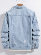 Men's Denim Jacket, Trendy Brand, Ripped, European and American Street Style, Loose Fit, Vintage Style,  Versatile Light-Colored Jacket - Bright Steel Blue
