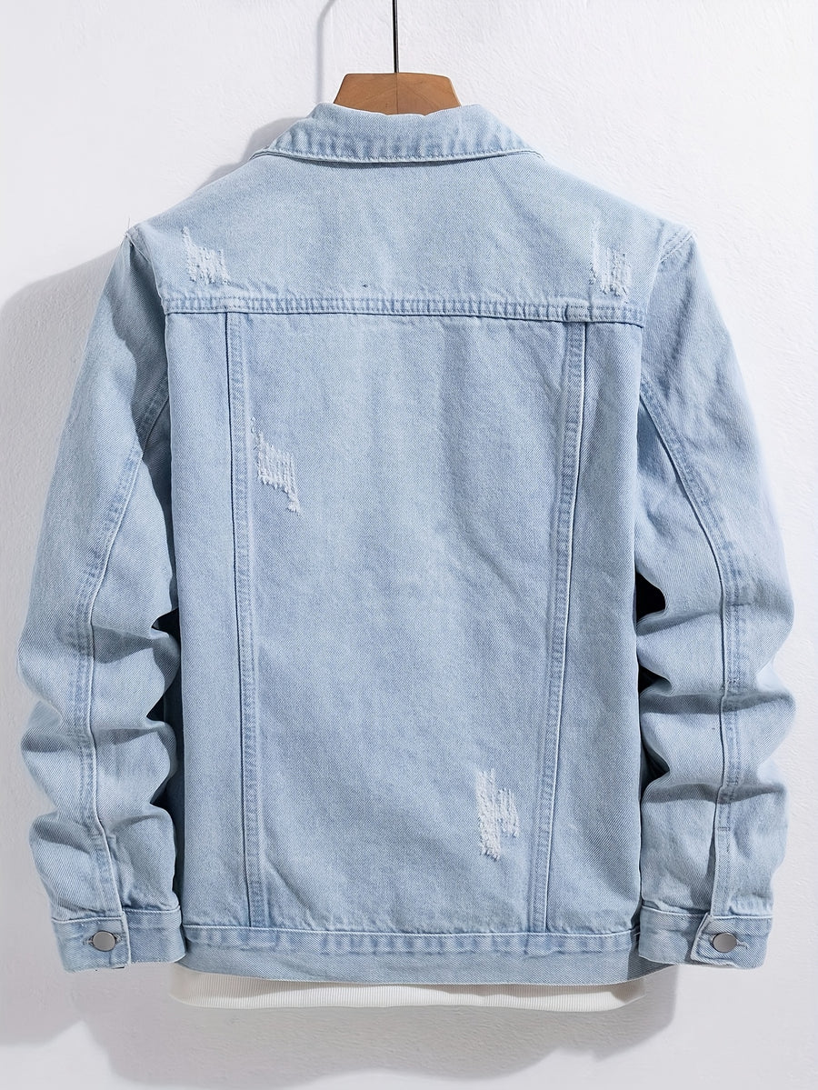 Men's Denim Jacket, Trendy Brand, Ripped, European and American Street Style, Loose Fit, Vintage Style, Versatile Light-Colored Jacket - Bright Steel Blue