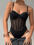 Sexy Sequin Corset Bodysuit Women's Sparkly Mesh Sheer Cami Top Fishbone Bodycon Jumpsuit Party Clubwear - Black
