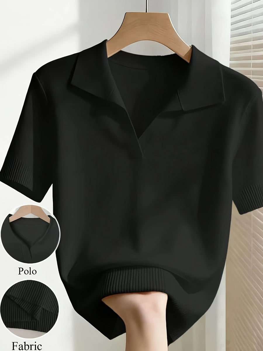 France Ladies Spring/Summer White Easy Casual Lapel Short Sleeve Slim Top, Suitable for Daily Wear, Summer Vacation, Spring Wear, Elegant And Fashionable - Black