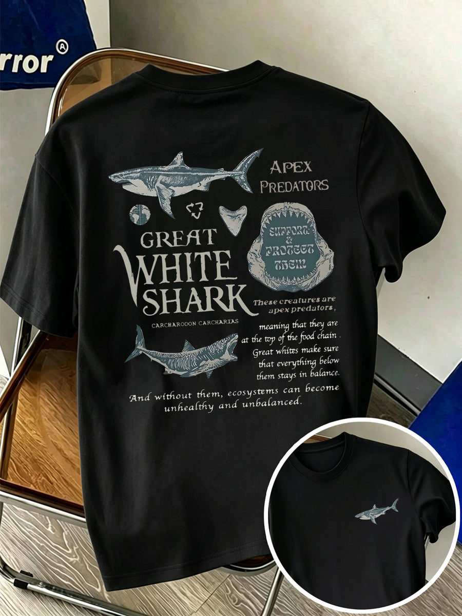 New Men's 100% Pure Cotton T-Shirt with Shark Print, Comfortable and Breathable, Versatile for Summer Casual Wear - Black