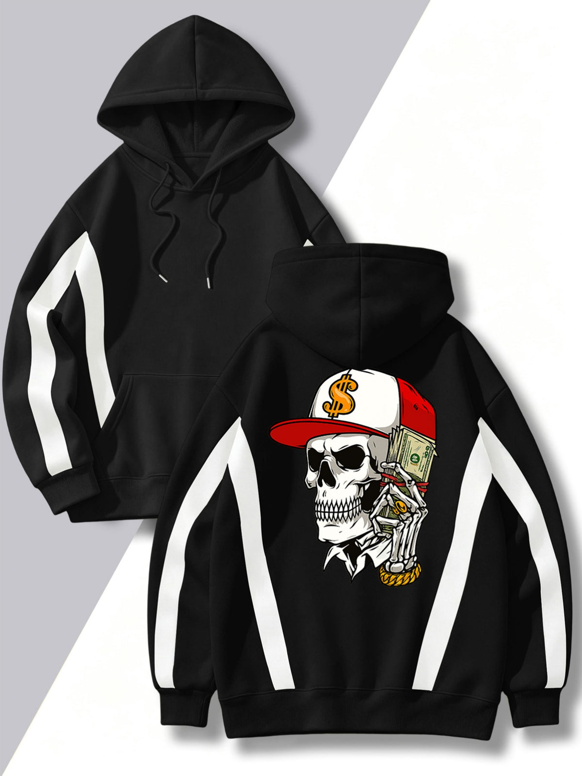 4pcs 2026 Autumn/Winter Men's Street Style Hooded Sweatshirt with Diagonal Contrast Color Line Cutting on Sleeves, Long Sleeves, Adjustable Drawstring, Large Capacity Kangaroo Pocket for Phone Storage, Skin-Friendly and Warm, Versatile Pullover - Black + Black + Black + Black