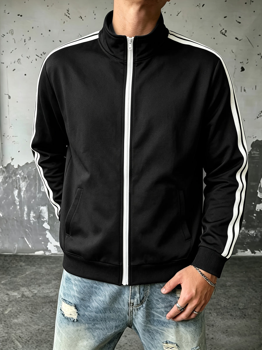 Men's Preppy Style Soft Bomber Jacket, Zipper Closure & Chest Suitable for Casual Wear, Machine Washable Outerwear - Black