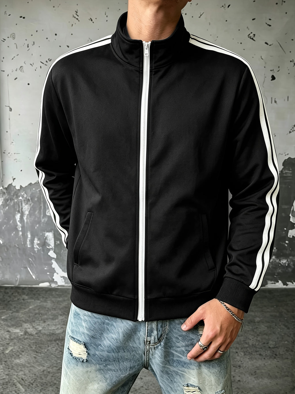 Men's Preppy Style Soft Bomber Jacket, Zipper Closure & Chest Suitable for Casual Wear, Machine Washable Outerwear - Black