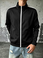Men's Preppy Style Soft Bomber Jacket, Zipper Closure & Chest Suitable for Casual Wear, Machine Washable Outerwear - Black