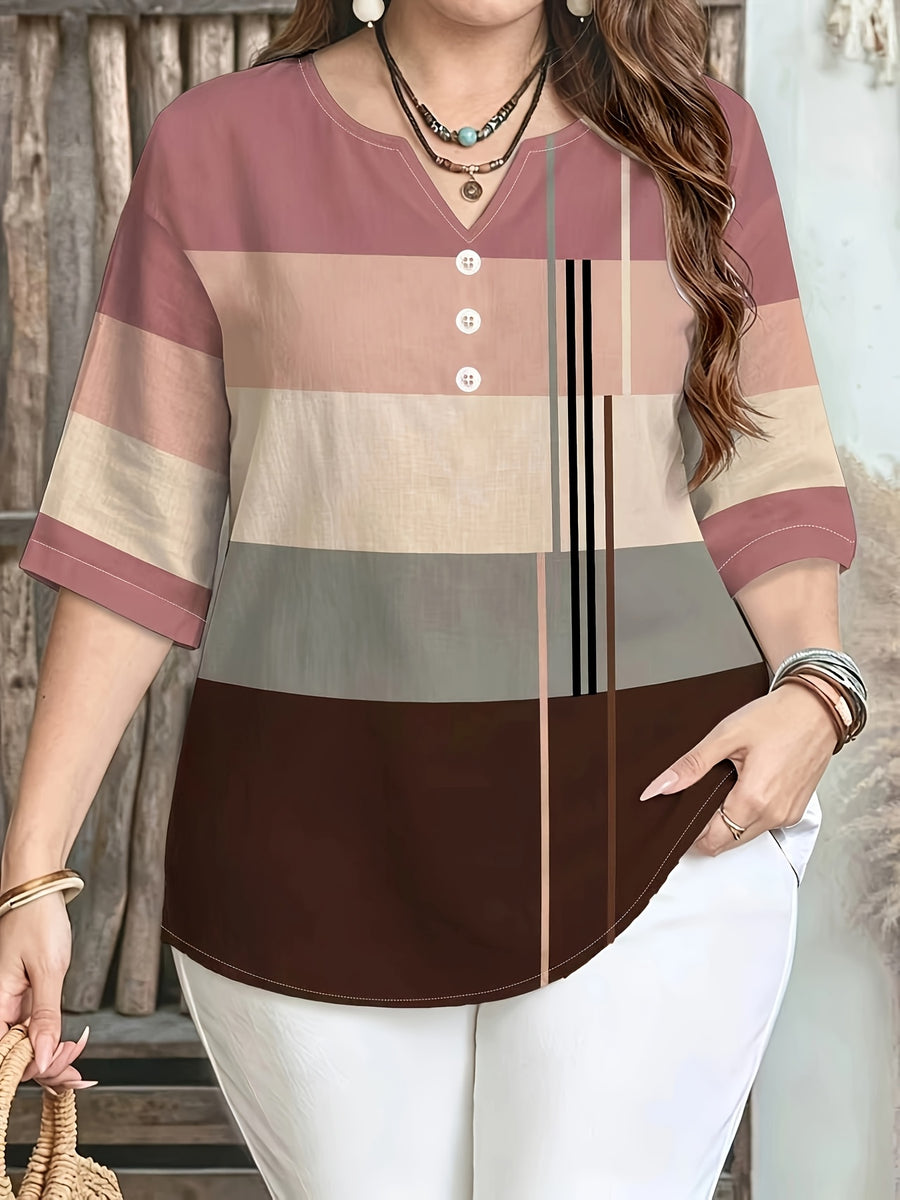 Printed Design – Not Textured. Women's Casual Button-Patch Colorblock V-Neck Three-Quarter Sleeve T-Shirt, a Perfect Gift for. - Mixed Color H