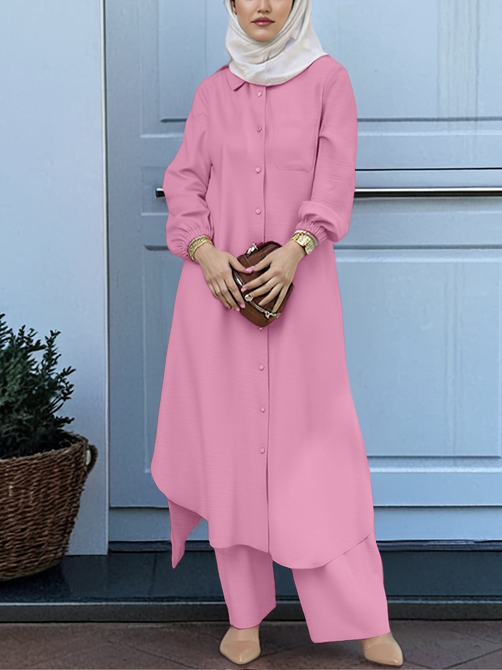 New Arabian 2pcs Abaya Set - Women'S Elegant Multi-Button Solid Color Long Sleeve Wide-Leg Trousers Without for Ramadan Spring Autumn Daily Commute - Pink Color