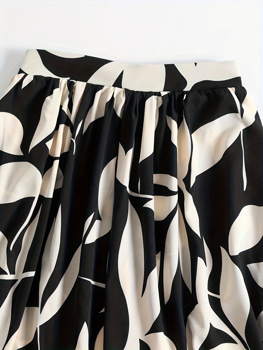 Women's Wide-Length Watercolor Midi Skirt - High-Waisted Loose Skirt Suitable for Spring Summer Fall, Elegant Office to Casual Wear, Machine Washable Skirt - Black And White
