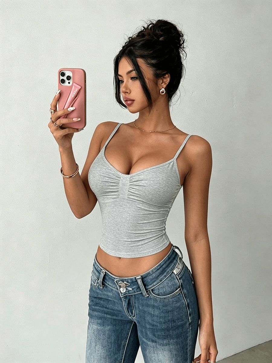 Women's Solid Color Pleated Slim Fit Casual Camisole Tank Top - Grey