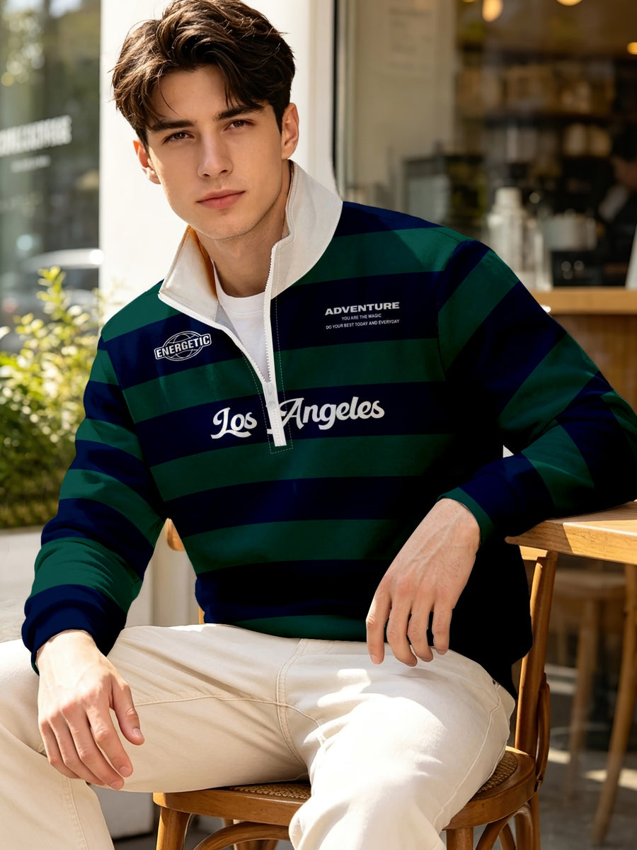 Men'S Spring Autumn Stand Collar Half-Zip Sweatshirt Fashion Striped Letter Print Casual Versatile Top Youth Trendy Sports Outerwear - Mixed colors