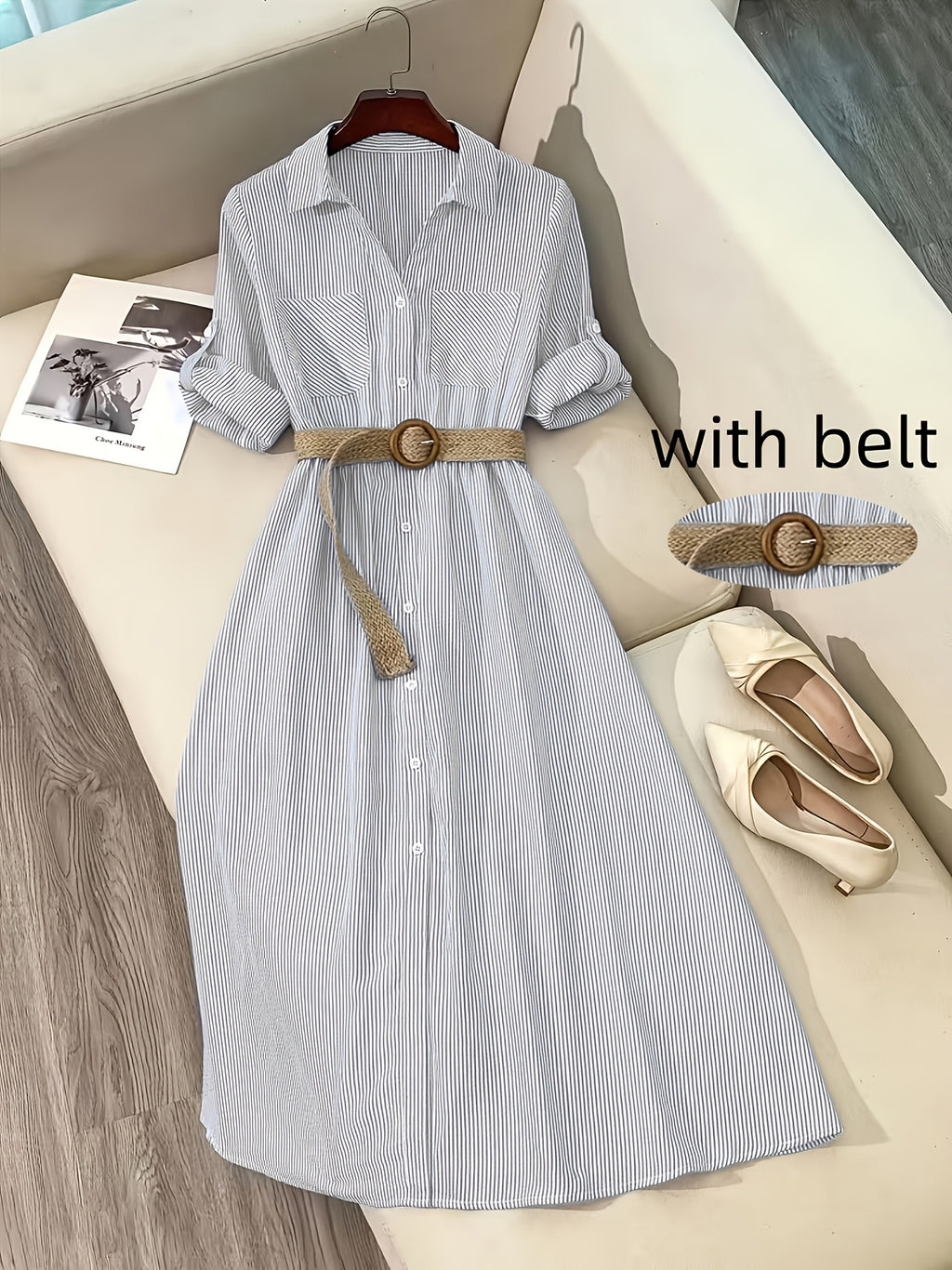 YTD Women's Casual Striped Long Sleeve Single-Breasted Pocket Long Shirt Dress HF869 with Belt - Grey