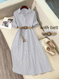 YTD Women's Casual Striped Long Sleeve Single-Breasted Pocket Long Shirt Dress HF869 with Belt - Grey