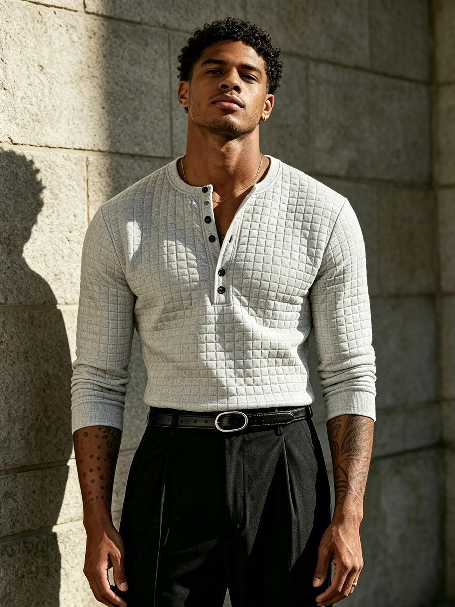 [Josh Mei OBM] Fall/Winter New Men'S Plaid Jacquard Knit Henley Pullover Shirt, Half-Button Placket Geometric Texture Long Sleeve Top, Soft Stretch Fabric, Slim Fit Versatile Casual Fashion Modern Street Style, Suitable for Commuting, Dates - Light Grey