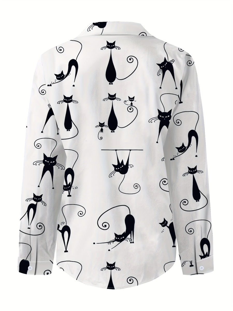 Western Casual Kitten Pattern Daily Commute Collared Button-Up Shirt - White