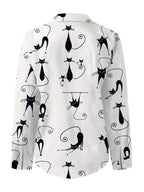 Western Casual Kitten Pattern Daily Commute Collared Button-Up Shirt - White