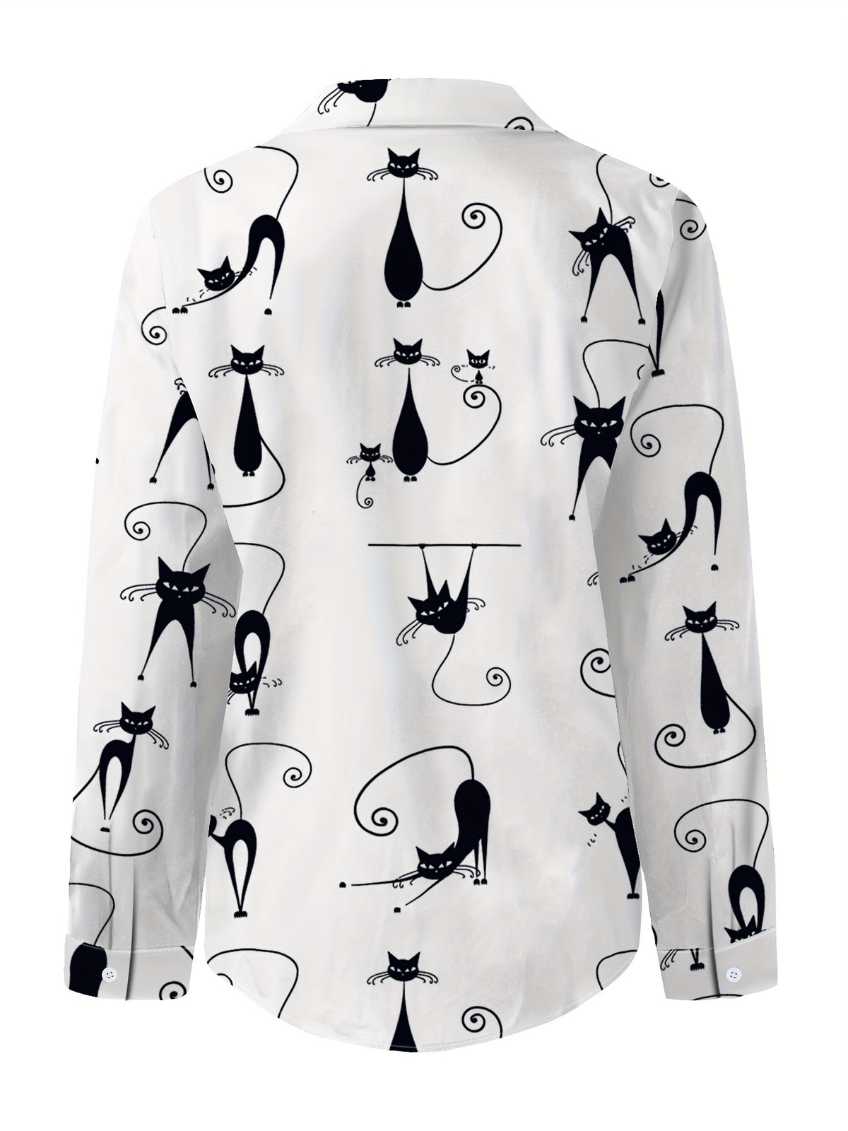 Western Casual Kitten Pattern Daily Commute Collared Button-Up Shirt - White
