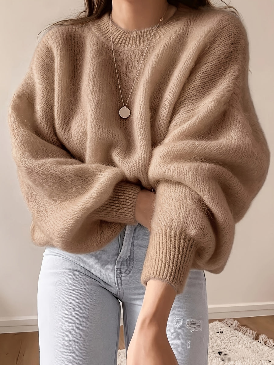 French Lazy Round Neck Sweater Early Autumn Early Winter Oversized Lantern Long Sleeve Women'S Soft Plush Skin-Friendly -Concealing Single Piece Versatile Inner Wear Outer Wear Commute Date Travel Casual Relaxed Atmosphere Pullover Top ASD1 - Khaki