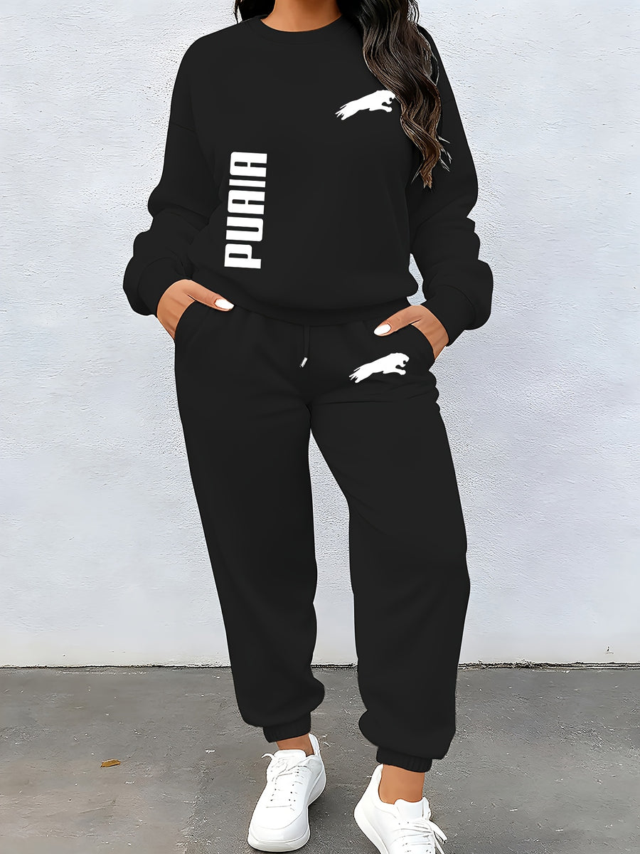 PUAIA Logo, Autumn/Winter Long Sleeve And Pants 2pcs Set, Sweatshirt Ankle-Cinching Trousers Easy Casual Home Commute Women'S Clothing! - Black