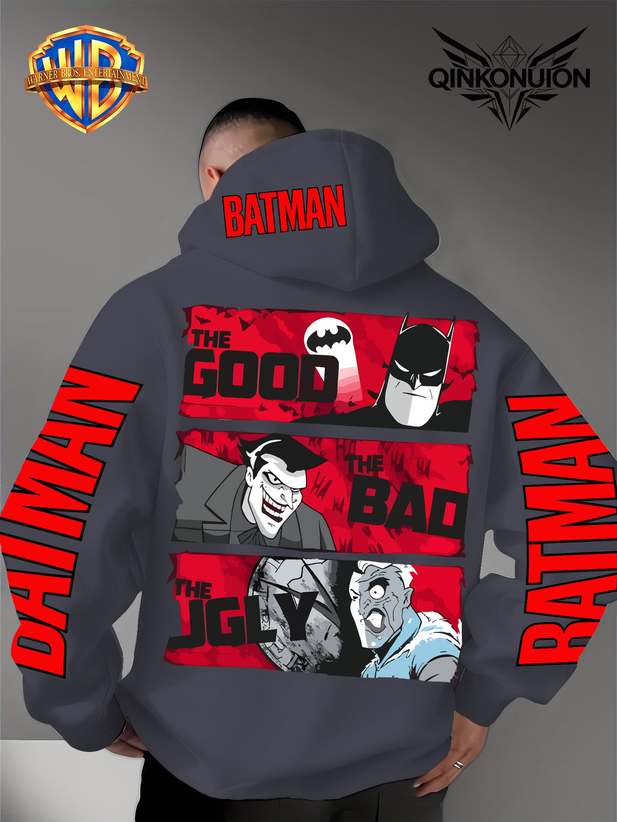 Warner Official Men's Hoodie, Red Bottom Three Grid Comic Batman Joker  Character Print Design, Machine Washable, Warm and Casual for Autumn and Winter, Daily Drawstring Hoodie, Multi Functional Sports and Leisure Loose Version - Dark Gray