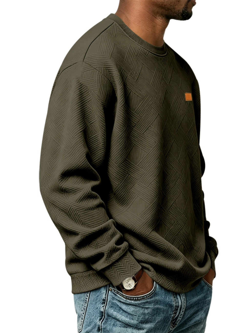 Men'S Fall Winter Crew Neck Sweatshirt 3D Textured Long Sleeve Pullover Loose Fit Casual Sports Commute Daily Home Outer Top Plus Size - Olive Green