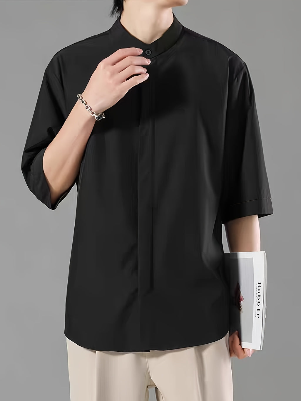 New Chinese Style Standing Collar Men's Shirt, Comfortable and Skin Friendly with Mid Sleeves, Simple and Versatile Men's Casual Shirt - Black