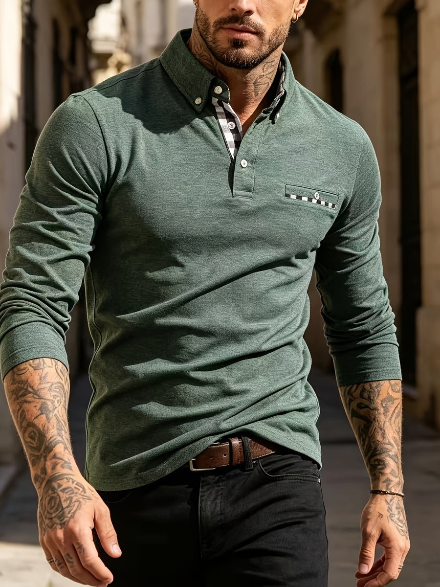 EnglishContrast Pocket Long Sleeve Collared Polo Stretch Slim Fit Business Casual Men T Shirt - Olive Green