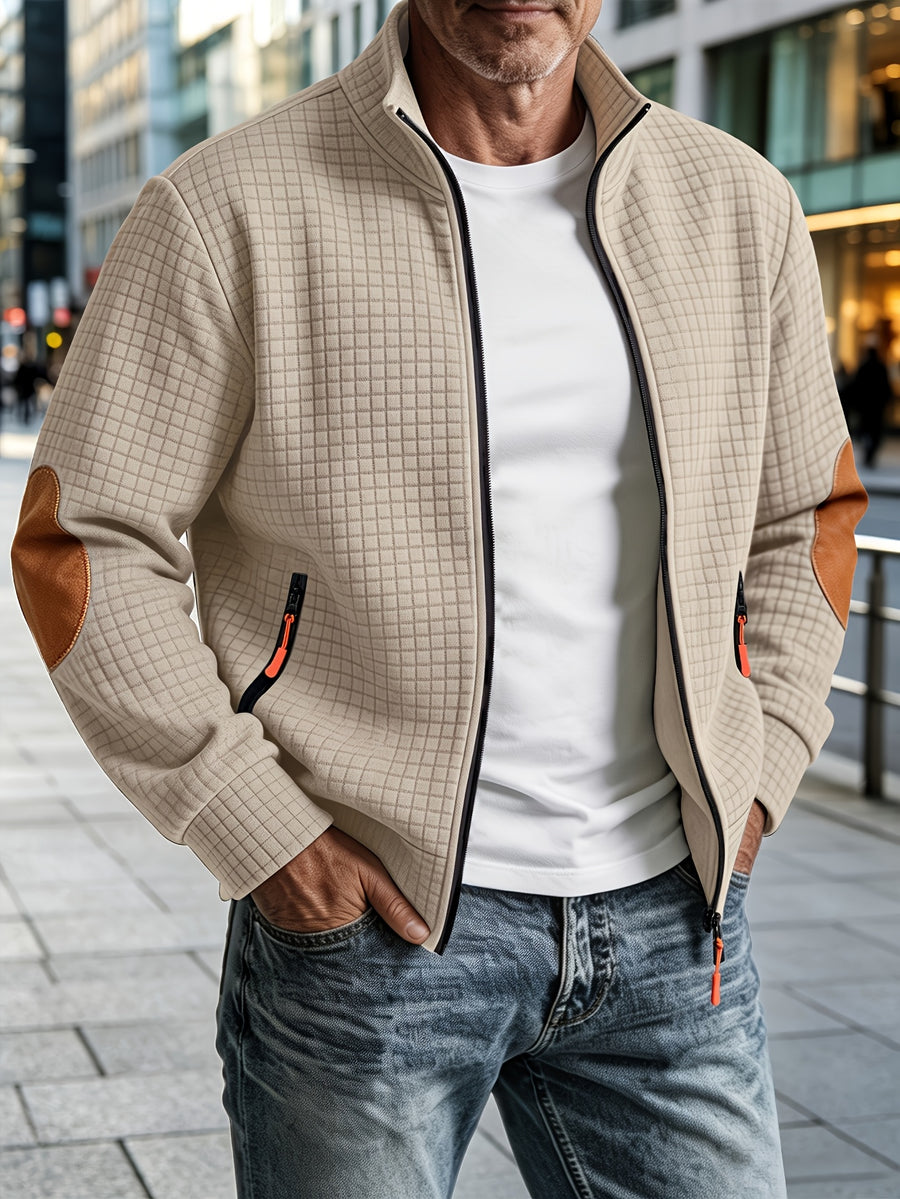 [Pearson OBM] Autumn Winter Men'S Thick Plaid Sports Jacket, Fashionable Checkered Textured Fabric Coat, Comfortable for Daily Outings, Outdoor Activities, Travel, And Vacation, Lightweight Regular Fit, Suitable for Beach, Hiking, Evening Wear - Khaki 1
