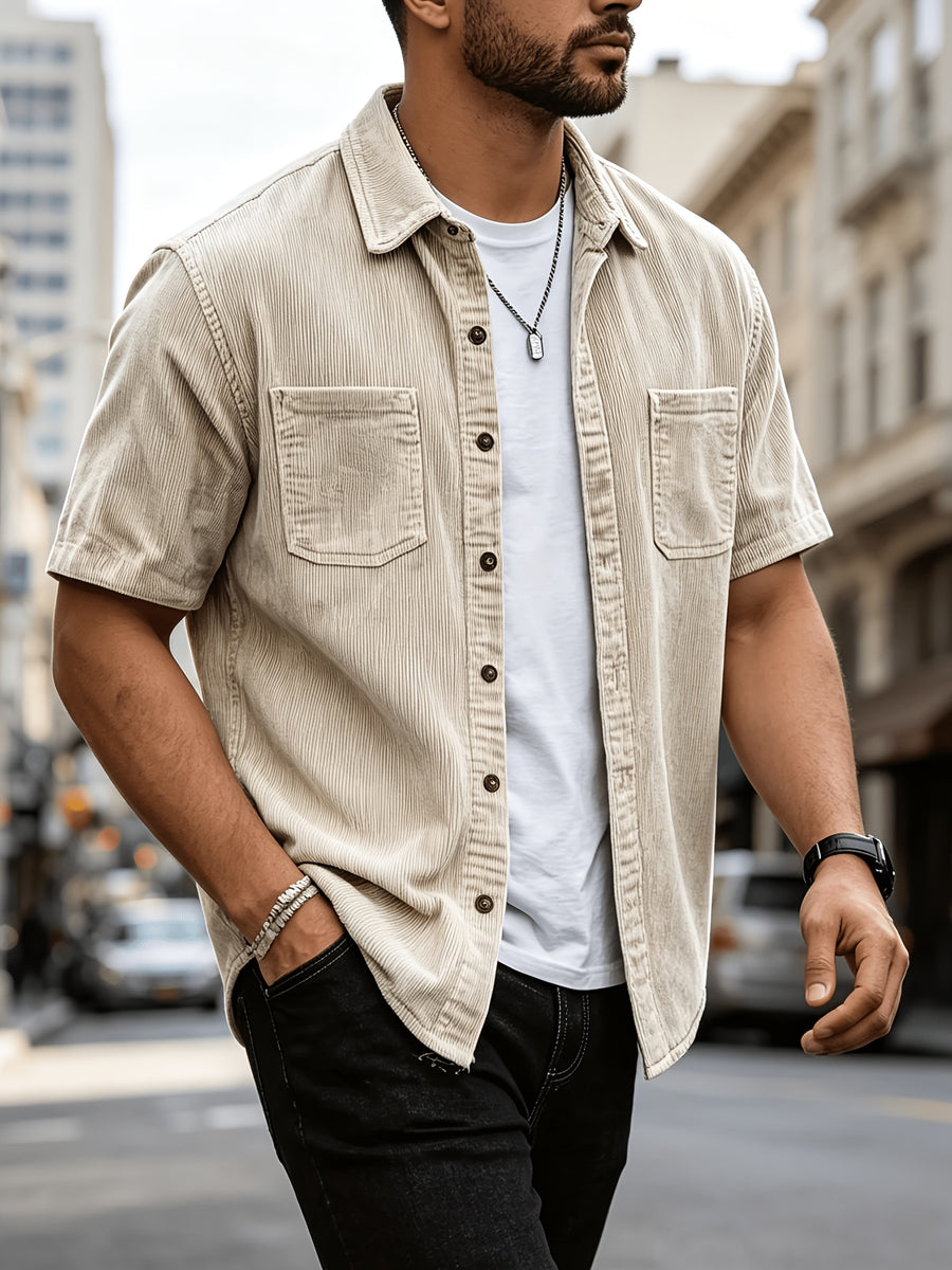 Summer Men'S Solid Color Pinstripe Corduroy Shirt, Lapel Double Pocket Design Loose All-Match Short Sleeve Shirt Jacket - Khaki