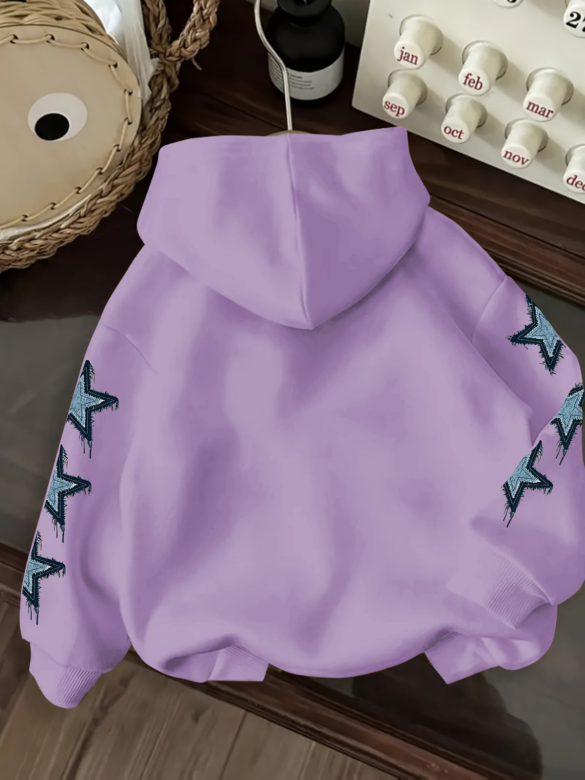 Vintage Denim Fringe Star Hooded Sweatshirt with All-Over Five-Pointed Star Print, a Versatile Casual Hoodie Top for Spring and Autumn - Purple