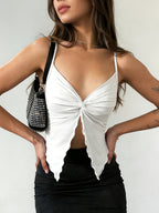 1pc Women'S Front-Slit Hem Camisole Top, Vacation Style, Design-Oriented Sexy Solid-Color Tank Top, Summer Cute Top Single Piece - White