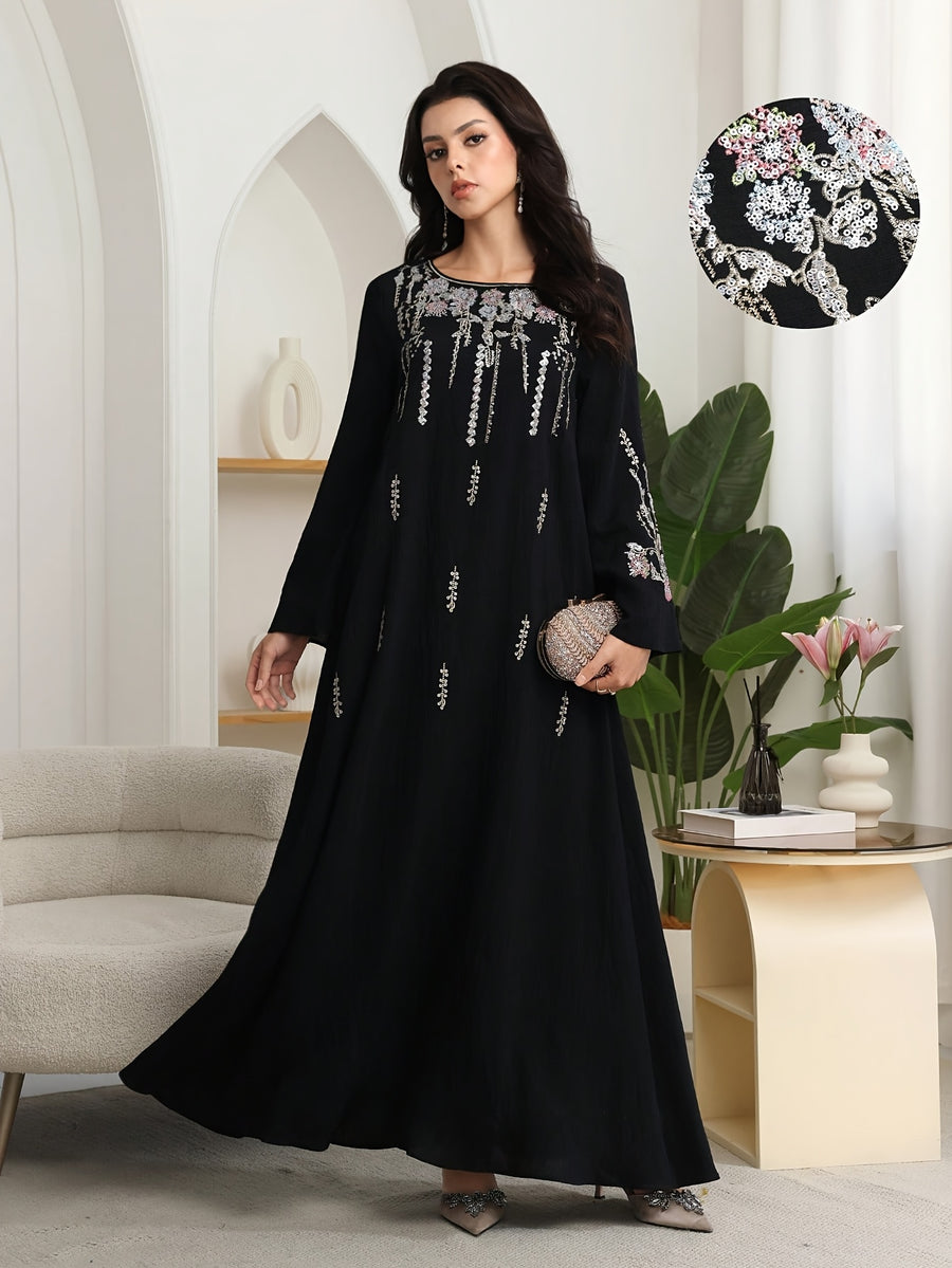 Al Najma Women ElegantEmbroidered Dress, MinimalistFashion Casual Daily Wear, Modest Kaftan - Black