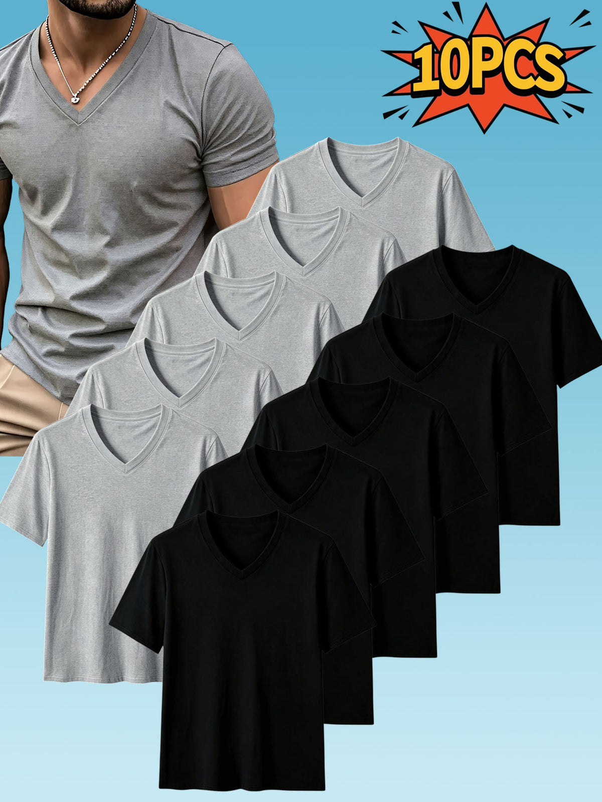 10pcs Men's Casual Knit Ribbed V-Neck T-Shirt / Soft and Comfortable Fabric / Short Sleeve / Solid Color / Crew Neck / Back-to-School Season, Casual Sporty Design Multi-pc Tops, Suitable for Summer Daily Wear - 5 pieces black + 5 pieces light gray