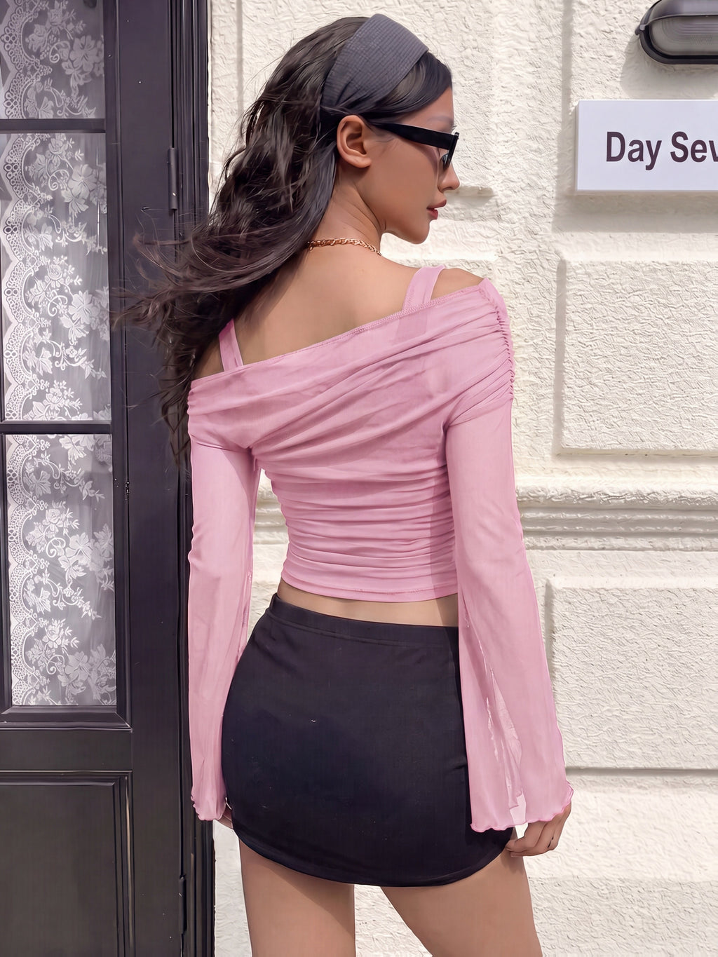 Slanted Collar Ruffled Flared Sleeve Fitted T-Shirt Off-Shoulder Top Mesh Sheer Off-Shoulder Top Summer & Autumn - Pink