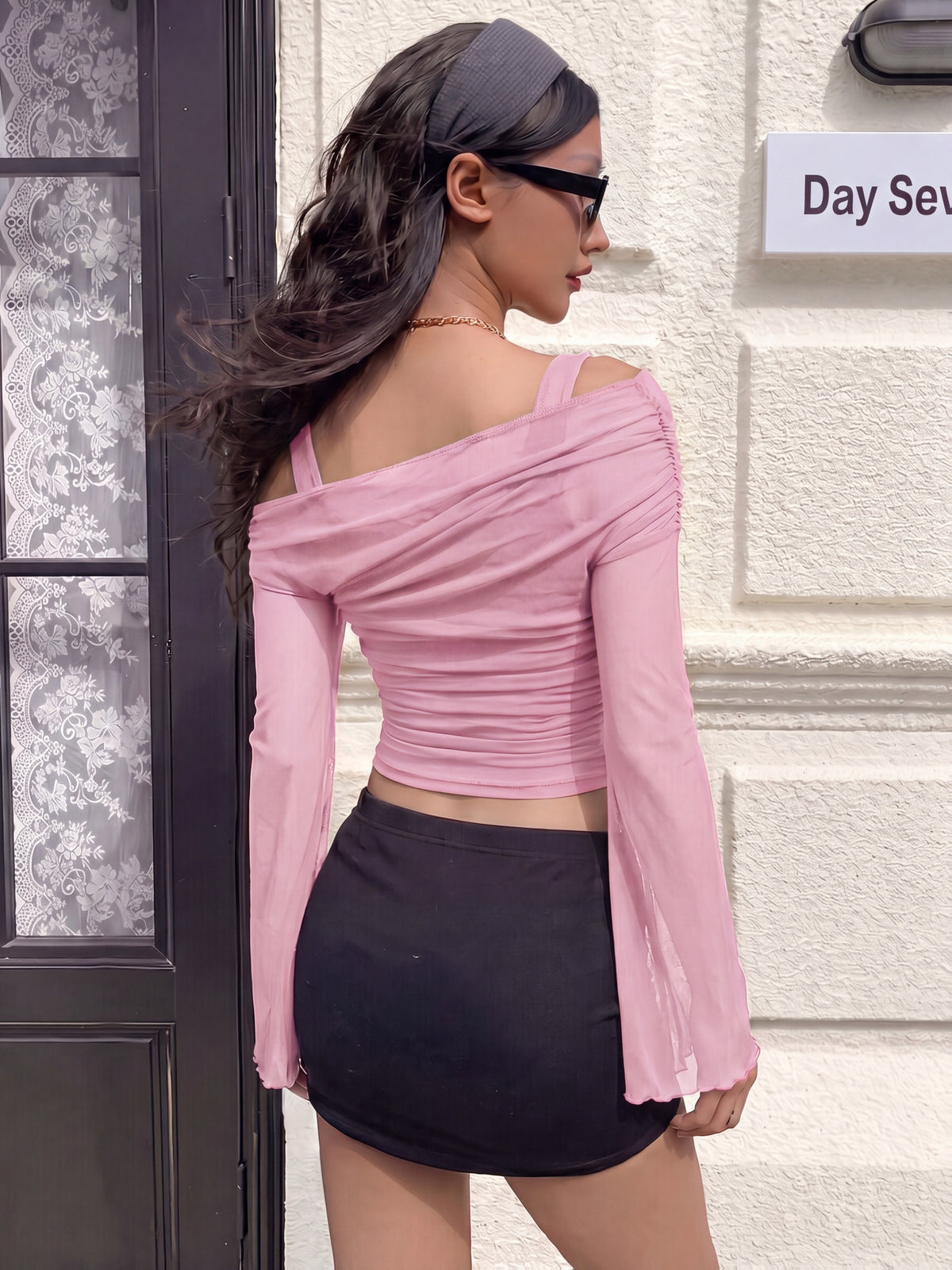Slanted Collar Ruffled Flared Sleeve Fitted T-Shirt Off-Shoulder Top Mesh Sheer Off-Shoulder Top Summer & Autumn - Pink