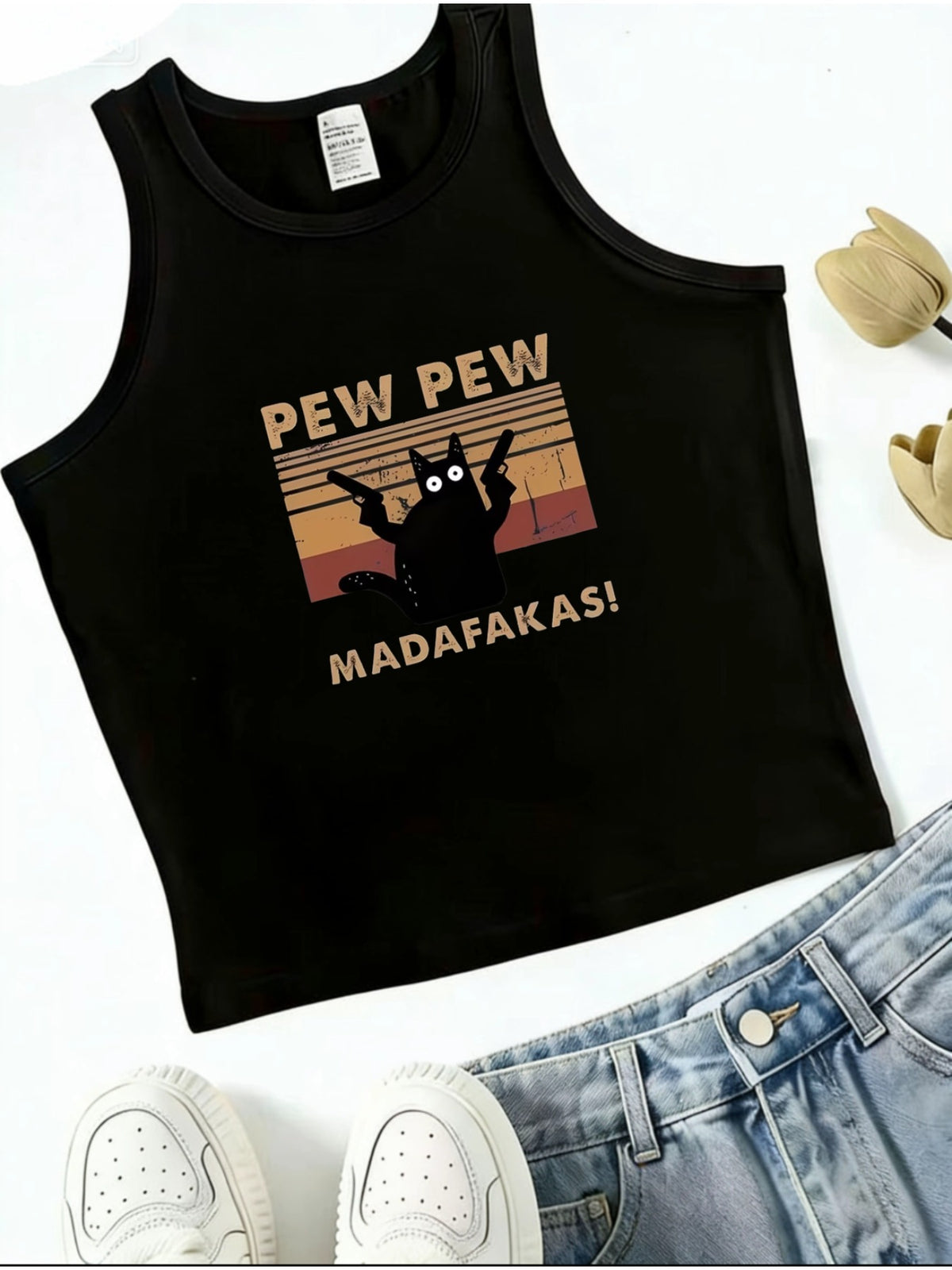Women's Pew Pew Madafakas Black Cat Print Cropped Halter Tank Top | Funny Meme Graphic Sleeveless Crop Top - Black