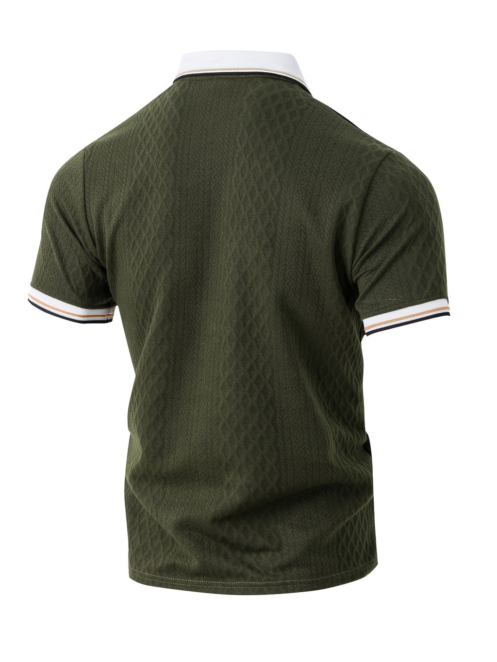 Men's Fashion New Color-Block Polo Shirt with Collar, Jacquard Design, Soft Fabric, Versatile for Outdoor Streetwear and Beach Vacation Outfits - Olive Green