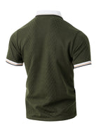 Men's Fashion New Color-Block Polo Shirt with Collar, Jacquard Design, Soft Fabric, Versatile for Outdoor Streetwear and Beach Vacation Outfits - Olive Green