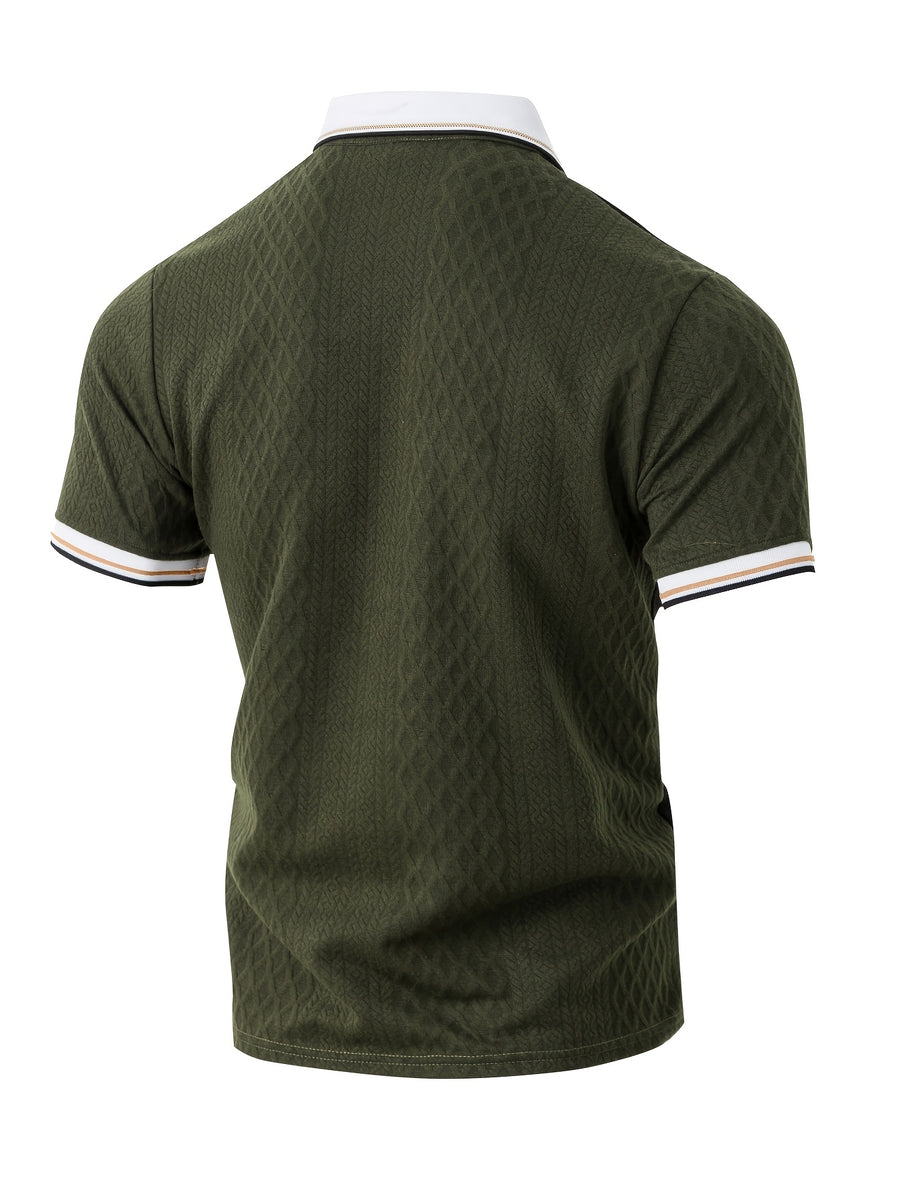 Men's Fashion New Color-Block Polo Shirt with Collar, Jacquard Design, Soft Fabric, Versatile for Outdoor Streetwear and Beach Vacation Outfits - Olive Green