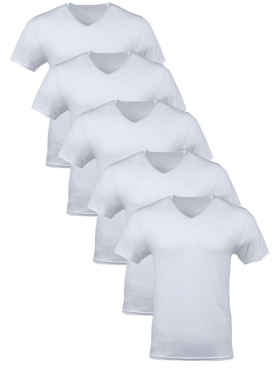 Men'S Summer Classic V-Neck Casual Short Sleeve T-Shirt 5pcs Set, Summer Essential | Solid Color, Quick-Dry Polyester Fiber, Ideal for Outdoor Running And Exercise, Machine Washable - 5PCS-white