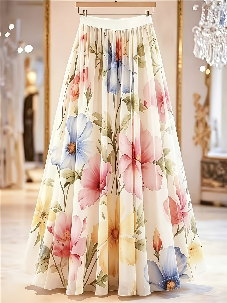 Elegant Printed Half Skirt for Women, Long Mesh Skirt - Beige